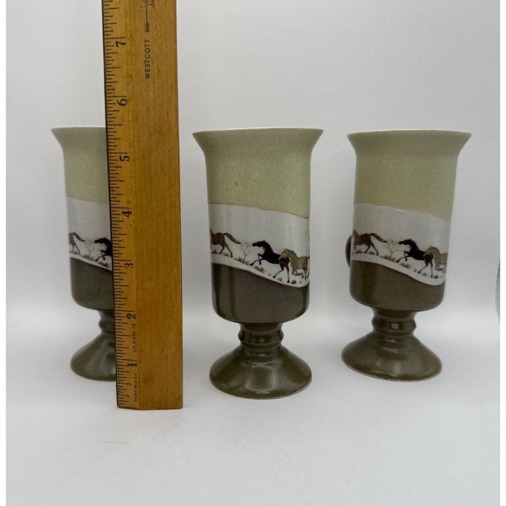 Vtg Otagiri Stoneware Irish Coffee 3 Mugs Pedestal Running Horses Japan 5.5 in T - Picture 7 of 9